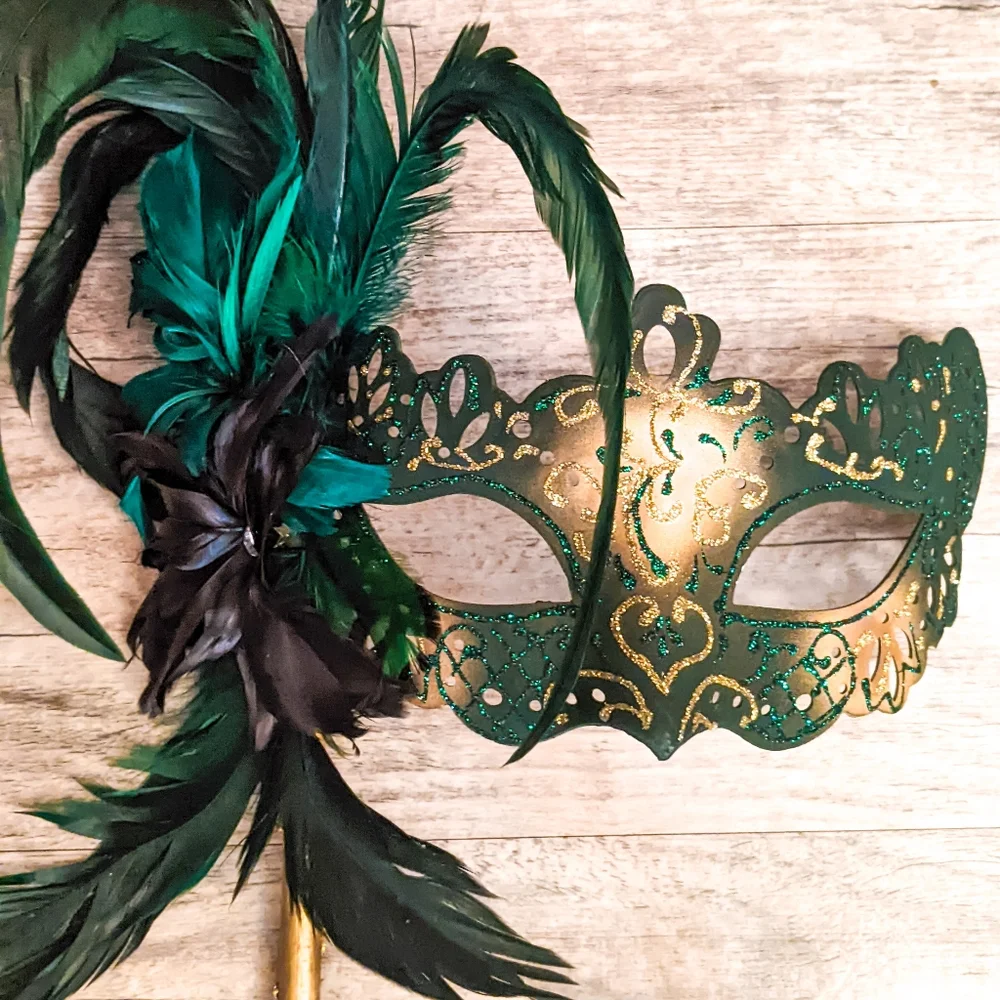 Venetian Cat Eye Ladies Masquerade Ball Mask on a Stick in Dark Emerald Green - Picture 6 of 6